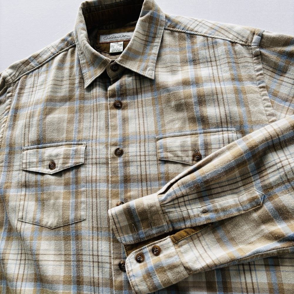 Quiksilver Edition Men's Medium Flannel Shirt Tan Blue Plaid Comfort Fit Cord